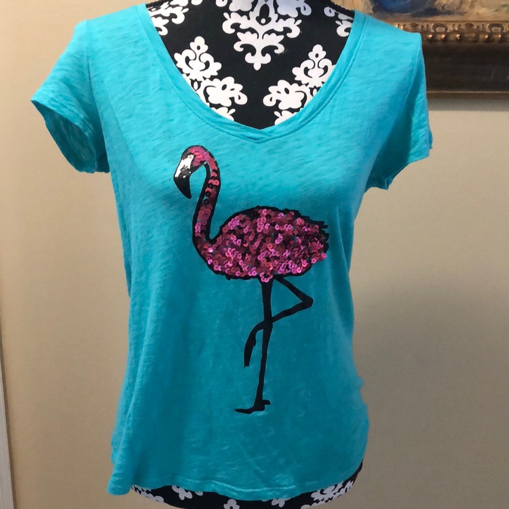 NY&Co 🦩 Pink Sequins Embellished Flamingo on Turquoise Short sleeved comfy T